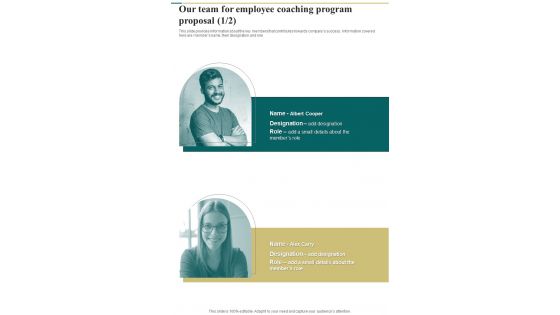Our Team For Employee Coaching Program Proposal One Pager Sample Example Document