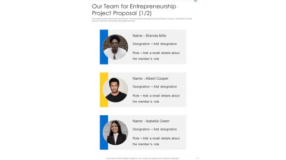 Our Team For Entrepreneurship Project Proposal One Pager Sample Example Document