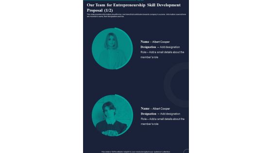 Our Team For Entrepreneurship Skill Development Proposal One Pager Sample Example Document