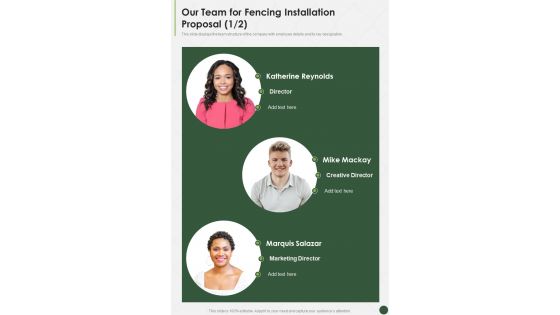 Our Team For Fencing Installation Proposal One Pager Sample Example Document