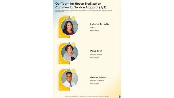 Our Team For House Sterilization Commercial Service Proposal One Pager Sample Example Document