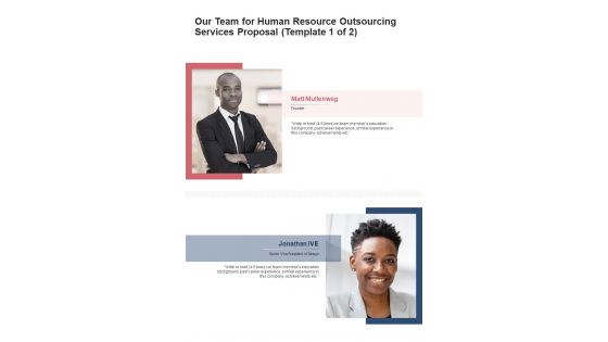 Our Team For Human Resource Outsourcing Services Proposal One Pager Sample Example Document