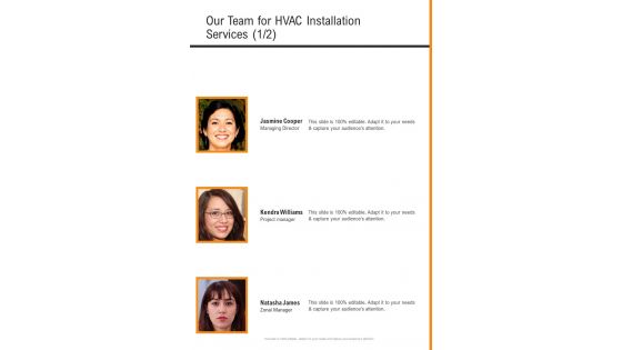 Our Team For HVAC Installation Services One Pager Sample Example Document