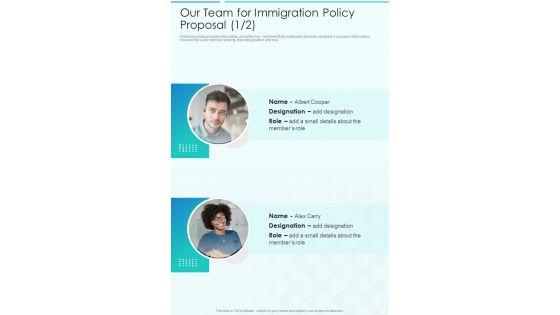 Our Team For Immigration Policy Proposal One Pager Sample Example Document