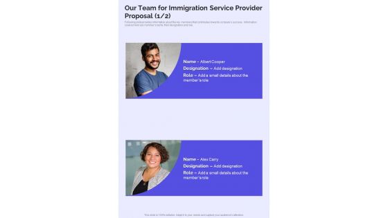 Our Team For Immigration Service Provider Proposal One Pager Sample Example Document