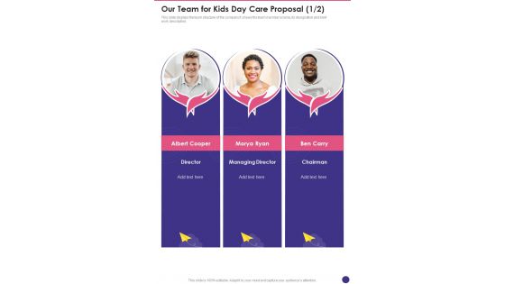 Our Team For Kids Day Care Proposal One Pager Sample Example Document