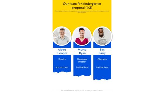 Our Team For Kindergarten Proposal One Pager Sample Example Document