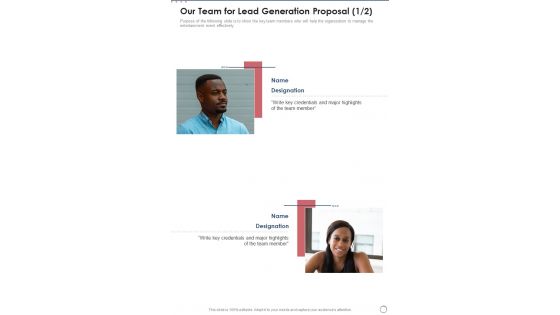 Our Team For Lead Generation Proposal One Pager Sample Example Document