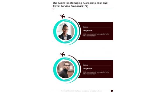 Our Team For Managing Corporate Tour And Travel Service One Pager Sample Example Document