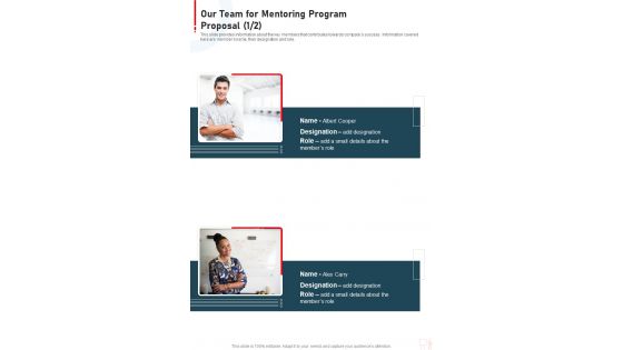 Our Team For Mentoring Program Proposal One Pager Sample Example Document