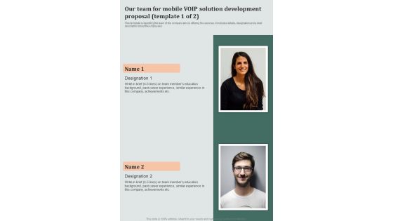 Our Team For Mobile Voip Solution Development Proposal One Pager Sample Example Document