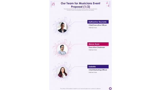 Our Team For Musicians Event Proposal One Pager Sample Example Document