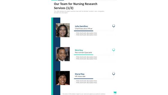 Our Team For Nursing Research Services One Pager Sample Example Document
