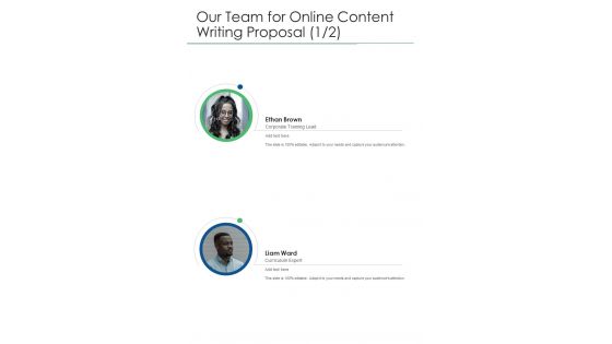 Our Team For Online Content Writing Proposal One Pager Sample Example Document