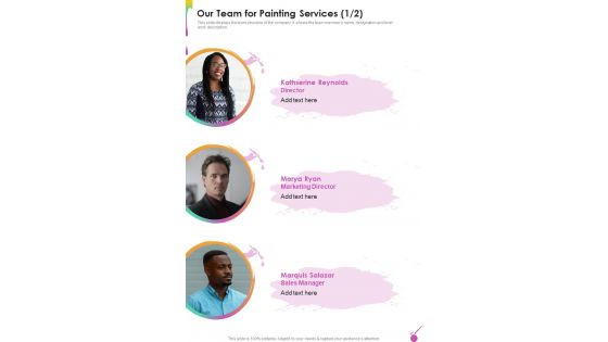 Our Team For Painting Services One Pager Sample Example Document