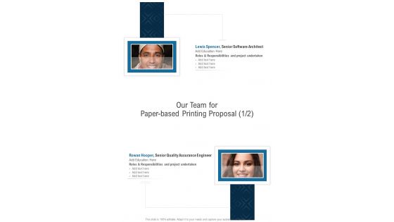 Our Team For Paper Based Printing Proposal One Pager Sample Example Document