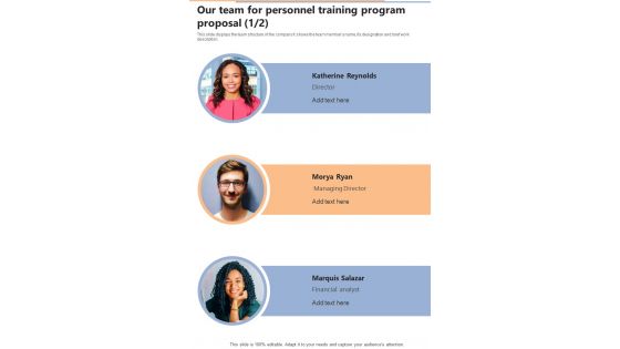 Our Team For Personnel Training Program Proposal One Pager Sample Example Document