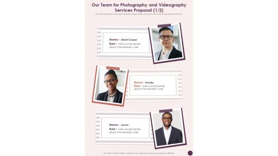 Our Team For Photography And Videography Services Proposal One Pager Sample Example Document