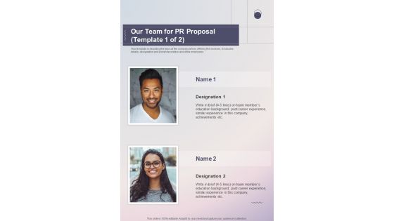Our Team For Pr Proposal One Pager Sample Example Document