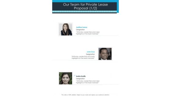 Our Team For Private Lease Proposal One Pager Sample Example Document