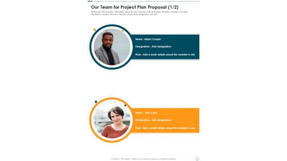 Our Team For Project Plan Proposal One Pager Sample Example Document