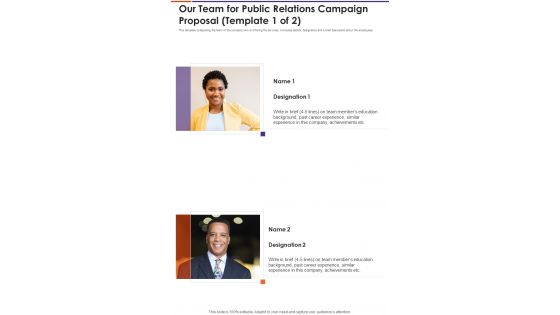 Our Team For Public Relations Campaign Proposal One Pager Sample Example Document