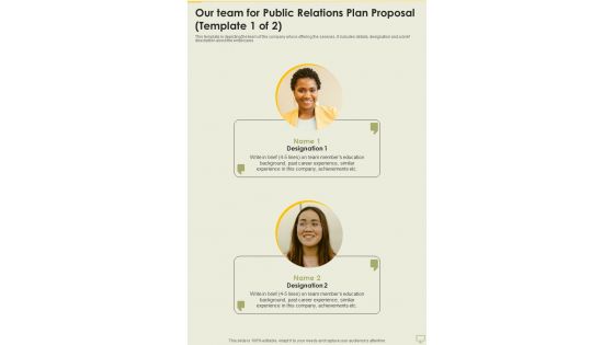 Our Team For Public Relations Plan Proposal One Pager Sample Example Document
