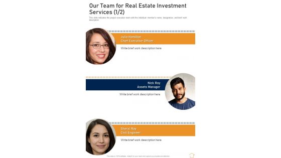 Our Team For Real Estate Investment Services One Pager Sample Example Document