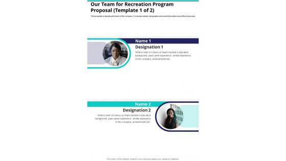 Our Team For Recreation Program Proposal One Pager Sample Example Document
