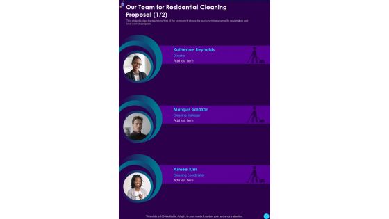 Our Team For Residential Cleaning Proposal One Pager Sample Example Document