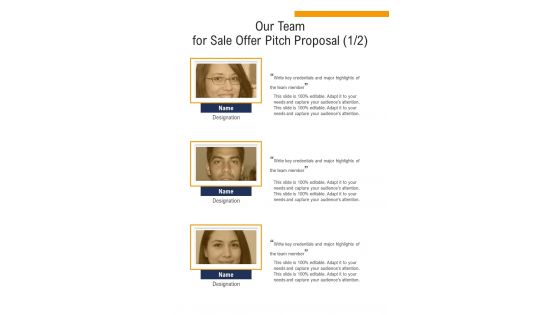 Our Team For Sale Offer Pitch Proposal One Pager Sample Example Document