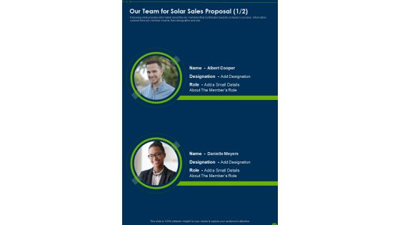 Our Team For Solar Sales Proposal One Pager Sample Example Document