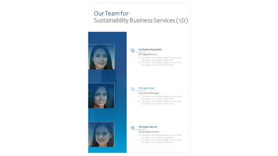 Our Team For Sustainability Business Services One Pager Sample Example Document