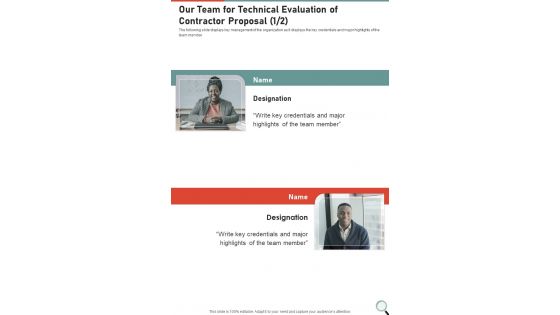 Our Team For Technical Evaluation Of Contractor Proposal One Pager Sample Example Document
