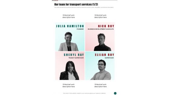 Our Team For Transport Services Business Proposal For Transport One Pager Sample Example Document