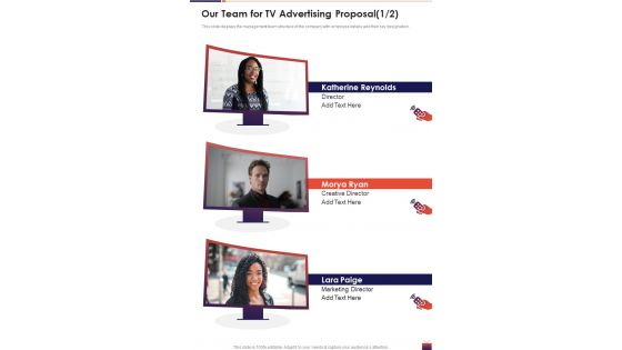 Our Team For TV Advertising Proposal One Pager Sample Example Document