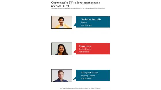 Our Team For Tv Endorsement Service Proposal One Pager Sample Example Document
