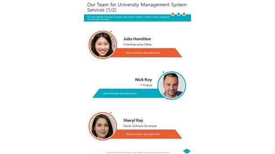 Our Team For University Management System Services One Pager Sample Example Document