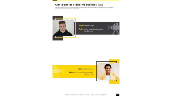 Our Team For Video Production One Pager Sample Example Document