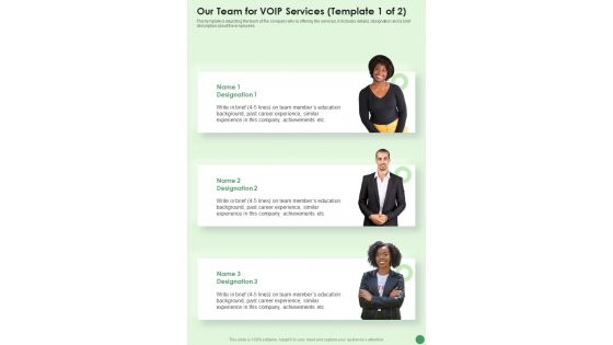 Our Team For Voip Services One Pager Sample Example Document