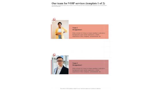 Our Team For VOIP Services VOIP Request Proposal One Pager Sample Example Document