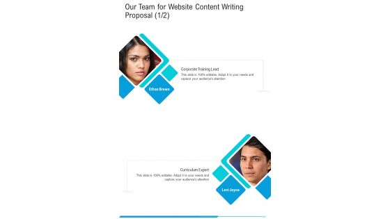 Our Team For Website Content Writing Proposal One Pager Sample Example Document