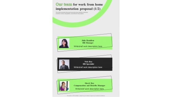 Our Team For Work From Home Implementation One Pager Sample Example Document