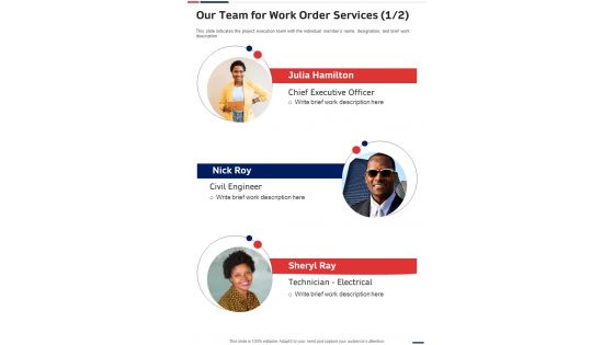 Our Team For Work Order Services One Pager Sample Example Document