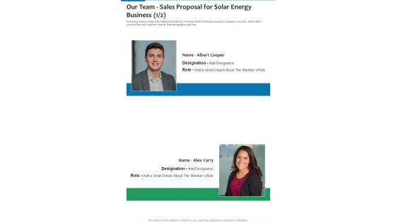 Our Team Sales Proposal For Solar Energy Business One Pager Sample Example Document