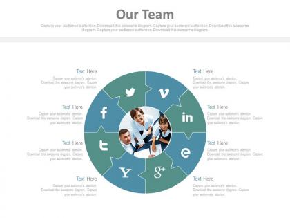 Our team with social media communication puzzle chart powerpoint slides