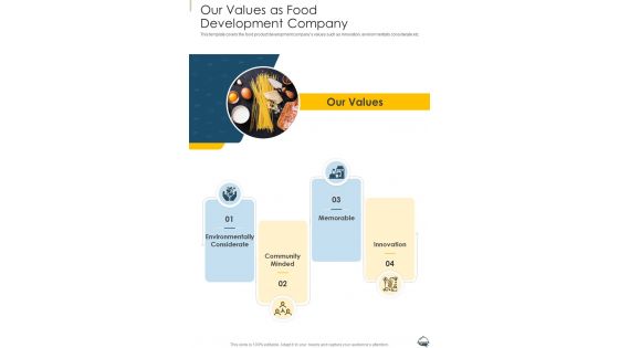 Our Values As Food Development Company One Pager Sample Example Document