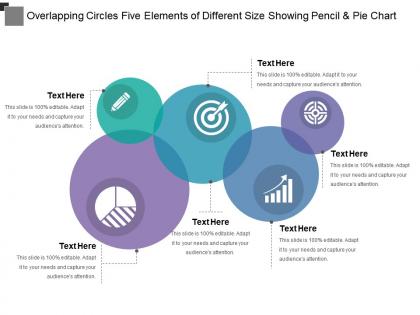 Overlapping circles five elements of different size showing pencil and pie chart