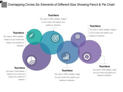 Overlapping circles six elements of different size showing pencil and pie chart