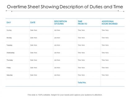 Overtime sheet showing description of duties and time